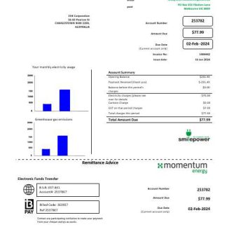 Australia Momentum Energy business utility bill template in Word and PDF format download template file