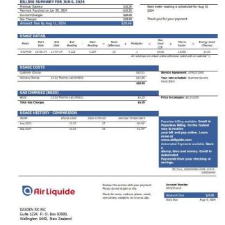 New Zealand Air Liquide gas business utility bill template in Word and PDF formats download template file