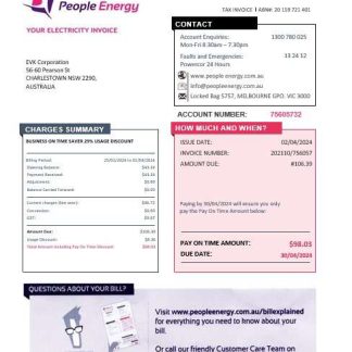 Australia People Energy electricity business utility bill template in Word and PDF format download template file