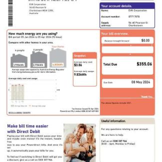 Australia Powerdirect electricity business utility bill template in Word and PDF format download template file