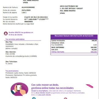 ONO (Spain) utility business bill, SCR download template file