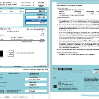 Australia Sydney Water business utility bill, Word and PDF template, 2 pages download template file