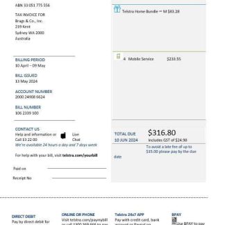 Australia Telstra telecommunications business utility bill template in Word and PDF format download template file