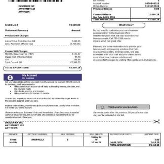 Philippines Globe Business business utility bill template in Word and PDF formats download template file