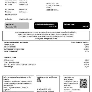 Portugal MEO business utility bill template in Word and PDF formats, fully editable download template file