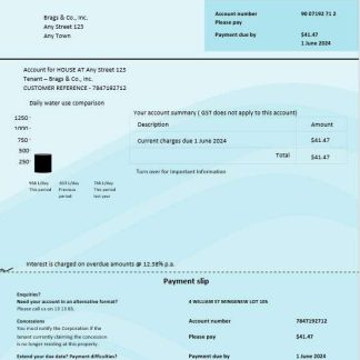 Australia Water Corporation WA business utility bill word and pdf. doc download template file