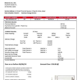 Qatar Power Company electricity business utility bill template in Word and PDF formats download template file