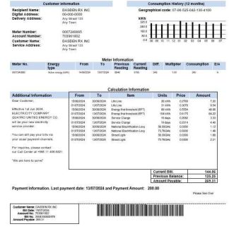 Saudi Arabia Quatro United Energy Co. business utility bill, Word and PDF template download template file