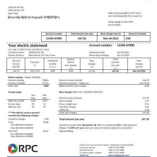 Saudi Arabia Rabigh Power Company business utility bill, Word and PDF template download template file