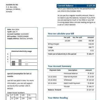 Somalia NESCOM Company electricity business utility bill template in Word and PDF formats download template file