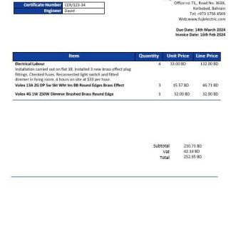 Bahrain Falcon Electrical S.P.C electricity business utility bill template in Word and PDF format download template file