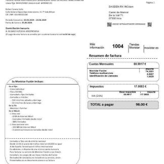 Spain Movistar Fusion telecom operator business utility bill document in Word and PDF formats download template file