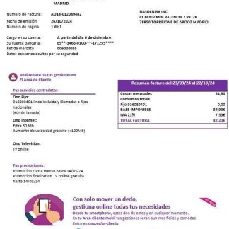 Spain ONO easy fillable business utility bill template in Word and PDF formats download template file