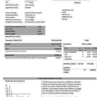 Spain Vodafone telecommunications business utility bill template in Word and PDF formats download template file