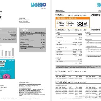 Spain Yoigo internet business utility bill in Word and PDF formats, 3 pages download template file