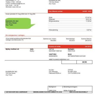 Sweden Mjölby Kraftnat AB business utility bill template in Word and PDF formats download template file