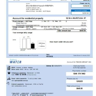 Sydney Water utility business bill, KA download template file