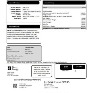 Texas Direct Energy utility business bill, Word and PDF template download template file