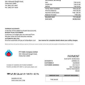 Thailand PTT gas business utility bill template in Word and PDF formats download template file