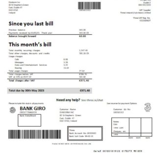 Three Ireland (Hutchison) Limited utility business bill, GO download template file