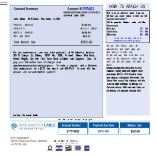 Time Warner Cabel utility business bill, page 1, SCR download template file