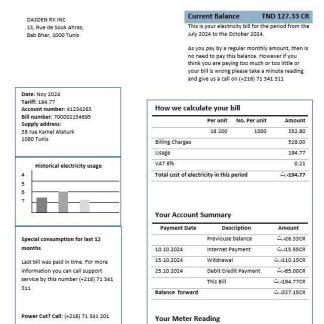 Tunisia electricity proof of address business utility bill template in Word and PDF formats download template file