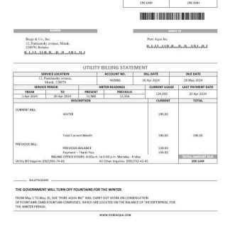 Belarus Pure Aqua Inc business utility bill Word and PDF template download template file