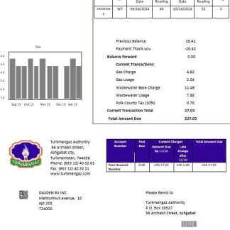 Turkmenistan Turkmengaz business utility bill template in Word and PDF formats download template file