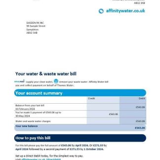United Kingdom Affinity Water business utility bill template in Word and PDF formats download template file