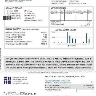 UNITED KINGDOM BIRMINGHAM WATER business utility bill Word and PDF template 1 download template file