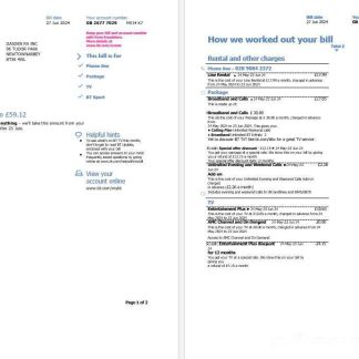 United Kingdom BT business utility bill template in Word and PDF formats, 2 pages download template file