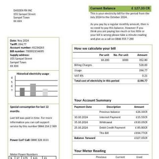 United Kingdom Ecotricity electricity business utility bill template in Word and PDF formats download template file