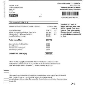 United Kingdom Leeds City Council tax business utility bill template in Word and PDF formats download template file