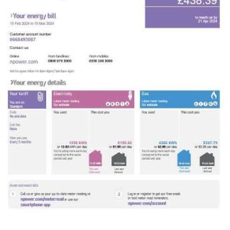 United Kingdom Npower business utility bill template in Word and PDF formats download template file