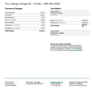 United Kingdom Ovo Energy electricity business utility bill, Word and PDF template download template file