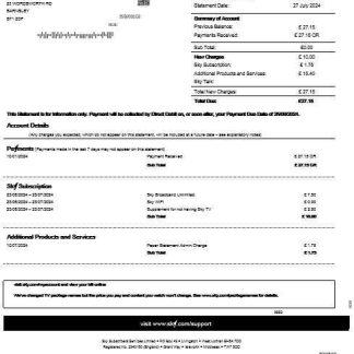 United Kingdom Sky business utility bill statement template in Word and PDF formats download template file