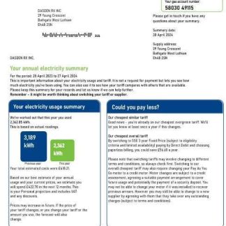 United Kingdom SSE Energy business utility bill template in Word and PDF formats, version 2 download template file
