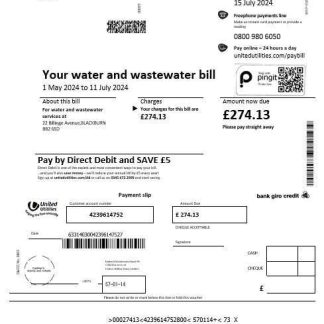 United Kingdom United Utilities water business utility bill template in Word and PDF formats download template file