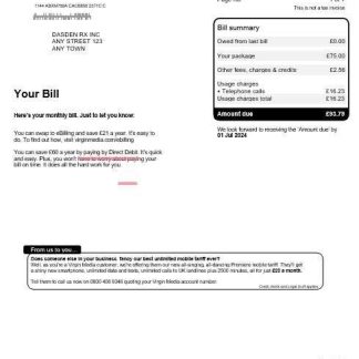 United Kingdom Virgin Media business utility bill, Word and PDF template download template file