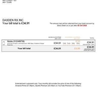 United Kingdom Vodafone business utility bill Word and PDF template download template file