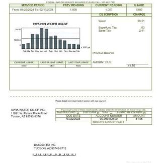 USA Arizona Avra Water business utility bill template in Word and PDF formats download template file