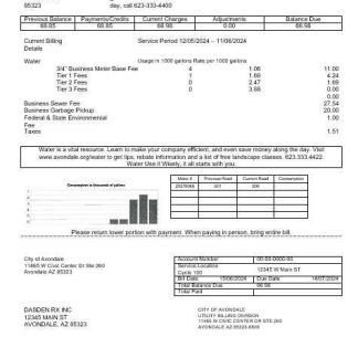 USA Arizona The City of Avondale Water business utility bill template in Word and PDF formats download template file