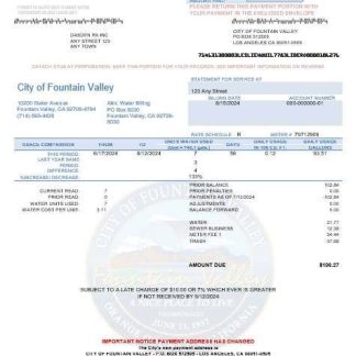 USA California City of Fountain Valley business utility bill template in Word and PDF formats download template file