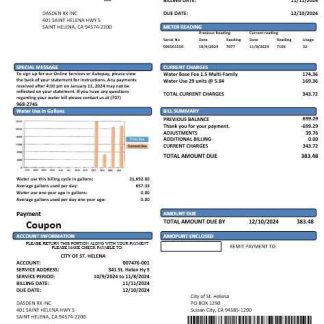 USA California City of St Helena business utility bill template in Word and PDF formats download template file