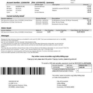 USA California Escondido City of Choice business utility bill template in Word and PDF formats download template file