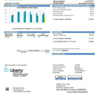 USA California Liberty Utilities business utility bill template in Word and PDF formats download template file