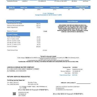 USA California Lincoln Avenue Water Company business utility bill template in Word and PDF formats download template file