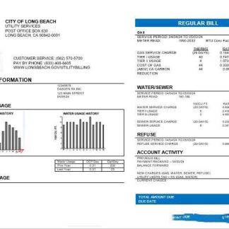 USA City of Long Beach business utility bill template in Word and PDF formats download template file