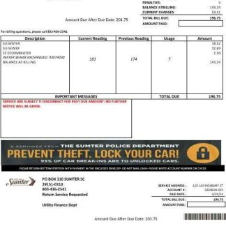 USA City of Sumter South Carolina water business utility bill template in Word and PDF formats download template file