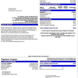 USA CITY OF WAXAHACHIE business utility bill Word and PDF template download template file